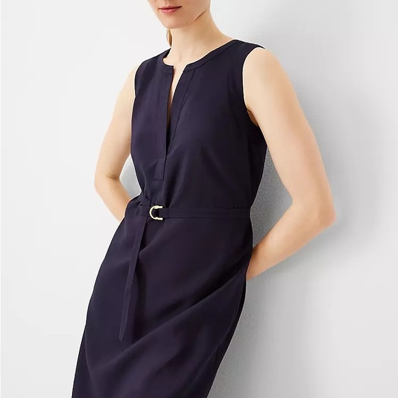 Ann Taylor Dresses & Skirts - Ann Taylor Split Neck Belted Midi Dress Size XS NWT Night Sky Deep Navy Blue